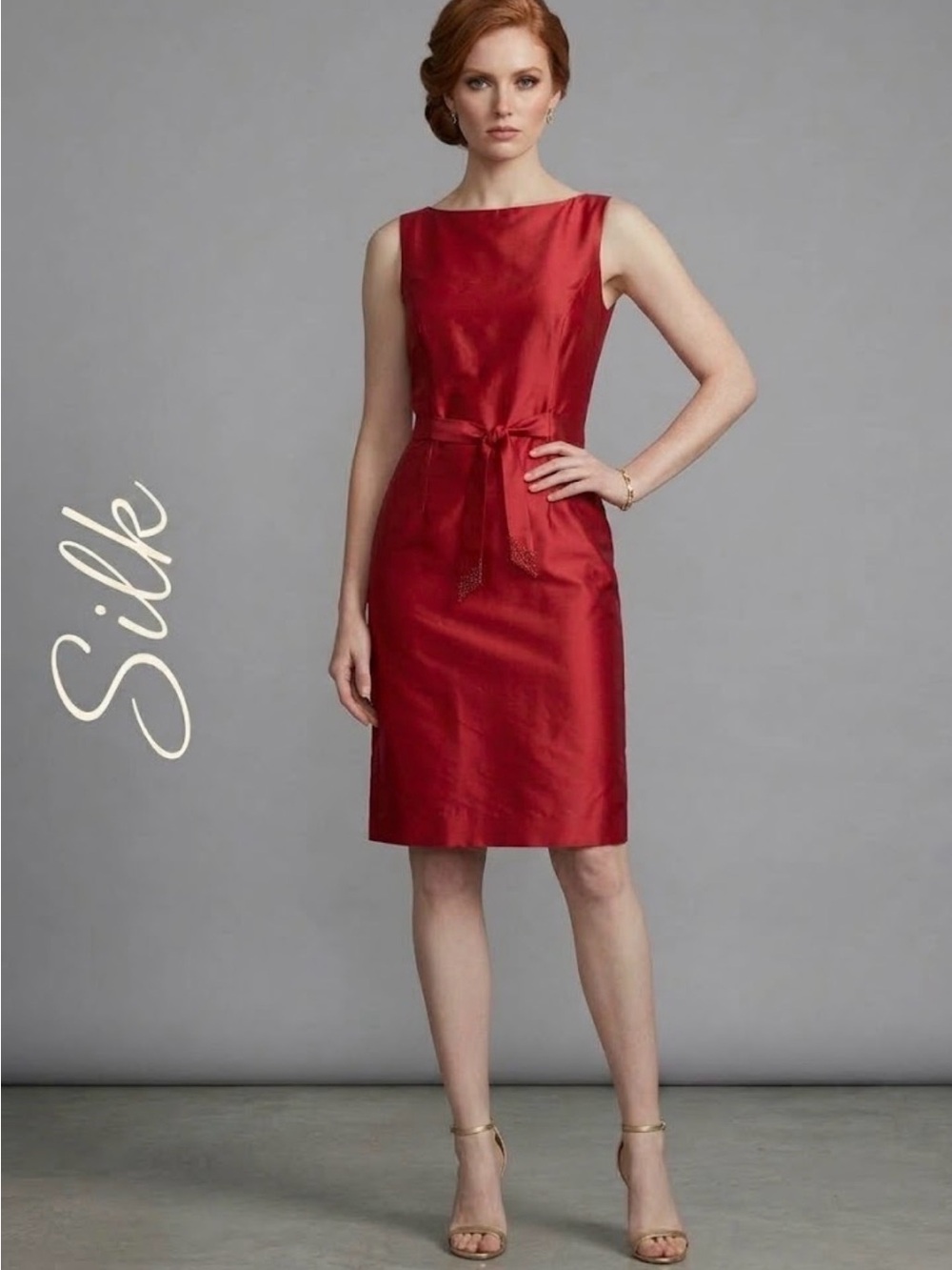 Fiori di Zucca 100% Silk Red Sleeveless Sheath Dress Beaded Waist Belt Size 8